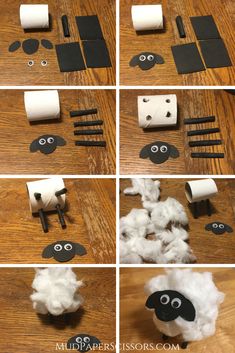 the steps to make sheep made out of toilet paper and some other items that are sitting on