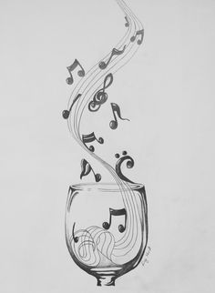 a drawing of a wine glass with musical notes coming out of it