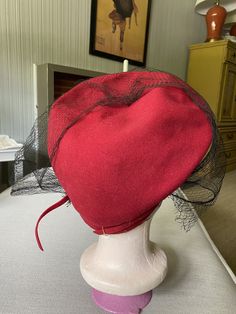 Incredible tall red hat with a veil over the eyes. Veil has a couple of small rips, but is otherwise in excellent shape Hat With Veil, Red Hat, Oct 1, Red Hats, Shiny Silver, Lincoln, Veil, Vintage Antiques, A Couple