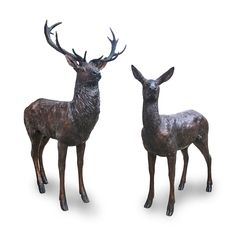 Buck and Doe - Pair of bronze deer garden statues together Soldier Memorial, Buck Antlers, Bird Fountain, Male Deer, Stag And Doe, Bronze Sculpture Animal, Deer Statues, The Stag, Buck And Doe