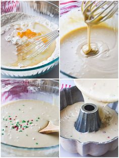 four pictures showing how to make cake batter