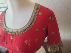 "Vermilion red Saree blouse in the softest Maheshwari silk cotton fabric and luxurious embroidery.   Gorgeous combination of bright red and bottle green with exclusive golden hand embroidery, antique flat sequins and pitta zardosi, antique badla work royal silver and golden peacocks on the sleeves, elegant neckline, floral booties that sparkle and make this an apt choice for any special occasion, be it is for a festival, wedding, or any party.  Pot neck style with high neck, back hooks, royal elegance  Size: 40\"  (Size can be downsized or upsized for additional alteration charge) Very elegant and much more gorgeous in person than in pictures!" Festive Cutdana Tops With Traditional Drape, Red Silk Blouse Piece For Reception, Festive Tops With Zari Work, Traditional Gold Dola Silk Top, Traditional Chanderi Tops For Reception, Traditional Blouse For Reception And Diwali, Traditional Blouse For Reception And Diwali Festival, Festive Zari Work Blouse For Reception, Festive Reception Blouse With Zari Work