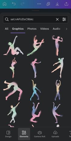 an iphone screen showing the silhouettes of people in different poses and colors on it