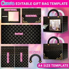 a set of three black and gold gift bag templates with the same design on it