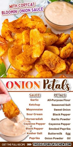 an advertisement for onion petals with dipping sauce