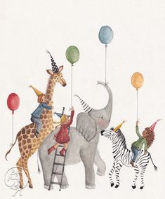 an elephant, giraffe and zebra with balloons