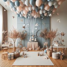 a room filled with lots of balloons and decorations