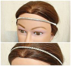 "Offering a stunning Art Deco gold princess cut BRILLIANTLY clear sparkly crystal rhinestone headband made from 1940s vintage old stock chain. Photos don't begin to do this hair adornment justice! The so 1920s designed Flapper headband will be the perfect \"Something Old\" and \"Something New\" for the Bride.  The high-quality gold tone chain is set with unbelievably sparkly clear princess/square cut crystal rhinestones.  I've added vintage cappuccino colored French ribbon ties.  The crystal por Wedding Hair Chain, Bridal Head Band, Chain Crown, Hair Chain Wedding, Wedding Headpiece Vintage, Art Deco Headpiece, 1920s Headband, Gatsby Headpiece, French Ribbon