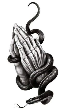 a black and white drawing of a hand with a snake wrapped around it's wrist