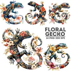 floral geckos and flowers in the shape of numbers 5, 6, 8, 9