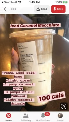 someone is holding up a cup of iced caramel macchiato for $ 100