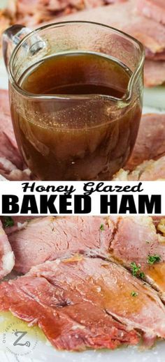 honey glazed baked baked ham on a plate next to a bowl of bbq sauce