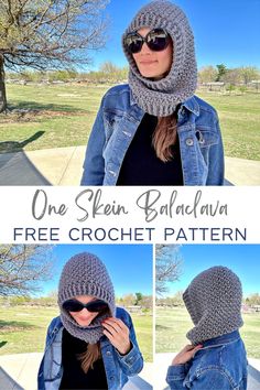 a woman wearing a hood and sunglasses with the text, one skein balckna free crochet pattern