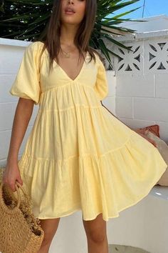 Skater Shorts, Boho Style Dresses, Maxi Robes, Short Sleeve Mini Dress, Vestido Casual, Cute Summer Outfits, Mini Dress With Sleeves, Babydoll Dress, Yellow Dress