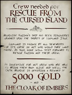 an old poster with some type of writing on it's back side and the words crew need to rescue from the curse island