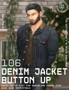 an image of a man wearing a jean jacket with the words denim jacket button up