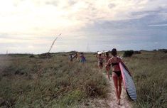 a group of people carrying surfboards down a dirt path through tall grass on a cloudy day