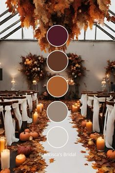 a wedding ceremony with candles and fall leaves on the aisle, all arranged in different colors