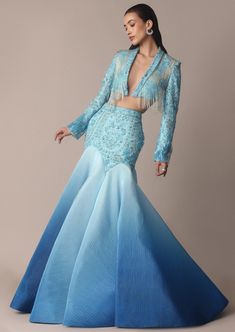 Blue Ombre Organza Fish Cut Skirt with Tassel Short Jacket Fish Cut Skirt, Fish Cut, Zardosi Work, Gaun Fashion, Contemporary Elements, Ghagra Choli, Party Wear Lehenga, Fancy Dress Design