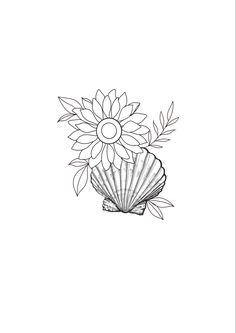 a black and white drawing of a seashell with sunflowers in it's shell