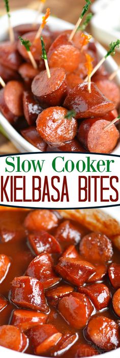 slow cooker kielbasa bites in a white bowl