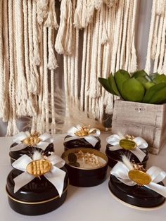 four black and white boxes with bows on them sitting next to a potted plant