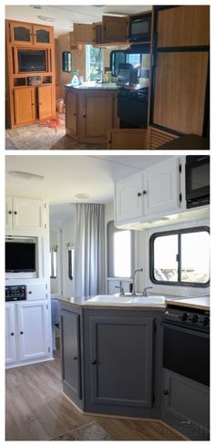 before and after pictures of a kitchen remodel in a mobile home or travel trailer