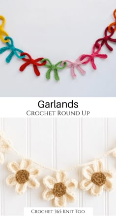 the crochet garland is made with yarn and has three flowers on each side