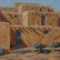 an oil painting of a adobe building