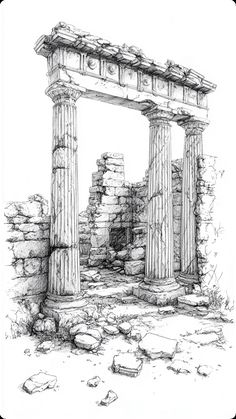 a drawing of an old building with columns and rocks on the ground in front of it