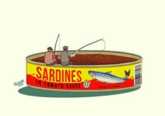 two men fishing in a tin of sardines on the river illustration by person