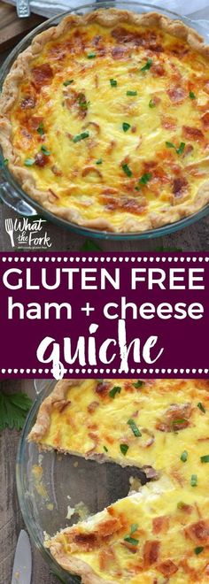 an image of gluten - free ham and cheese quiche with text overlay