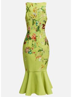 Green Floral Boat Neck Sleeveless Mermaid Midi Dress | fehaute