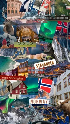 a collage of many different pictures including buildings and flags