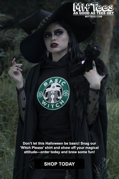 a woman dressed up as a witch holding a black cat