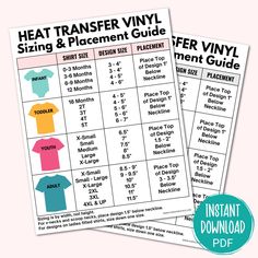 the heat transfer vinyl shirt and placement guide is shown in two different colors, including pink