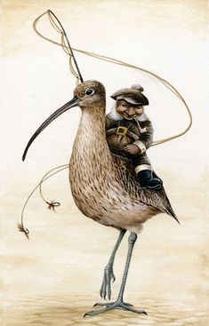 a drawing of a bird with a man on it's back holding a string