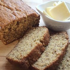 slices of banana bread and butter on a cutting board