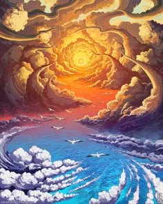 a painting of clouds and sun above the ocean