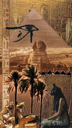 an egyptian scene with the pyramids, palm trees and two sphinxs in front of it