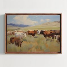 a painting of cows grazing in a field