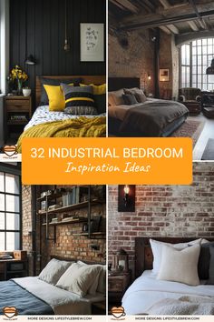 industrial bedroom with brick walls and exposed ceiling, bedding in yellow and grey tones