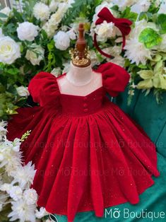 Luxury Elegant Fluffy Toddler Red Velvet Dress with Lovely Bows Baby Toddler Special Occasion Dress | Gift for Baby | Vacation Outfit ONLY A FEW IN STOCK - EXPRESS SHIPMENT AVAILABLE 🎁Free Gift: Each order includes a matching accessory in the same color. Wrap your little one in the magic of the season with our enchanting red velvet dress, designed to make every moment sparkle. Crafted with care, it features a classic round neck, puff sleeves, and three buttons at the top for a charming touch. T Red Fitted Princess Dress For Baptism, Fitted Red Princess Dress For Baptism, Baby Winter Dress, Kids Christmas Dress, Kid Dress, Red Christmas Dress, Knit Baby Dress, Baby Red