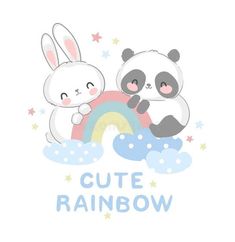 two cute pandas are sitting next to each other and the inscription cute rainbow is written in