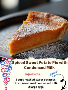 a slice of sweet potato pie with condensing milk on a black plate next to the recipe