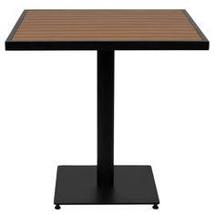 a square table with a wooden top and black base