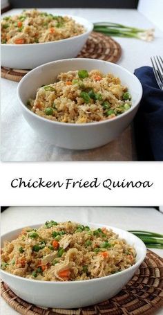 two pictures of chicken fried quinoa in white bowls with green onions and carrots