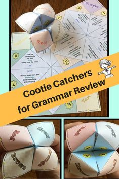 a collage of pictures showing how to make a paper fortune wheel with the words cootie catchers for grammar review