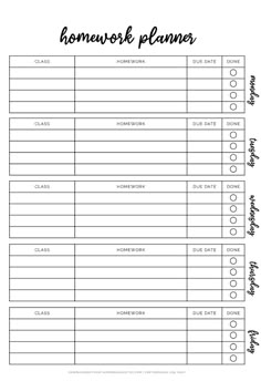 the printable homework planner is shown in black and white