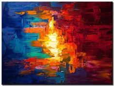 an abstract painting with red, yellow and blue colors in the background that has been painted